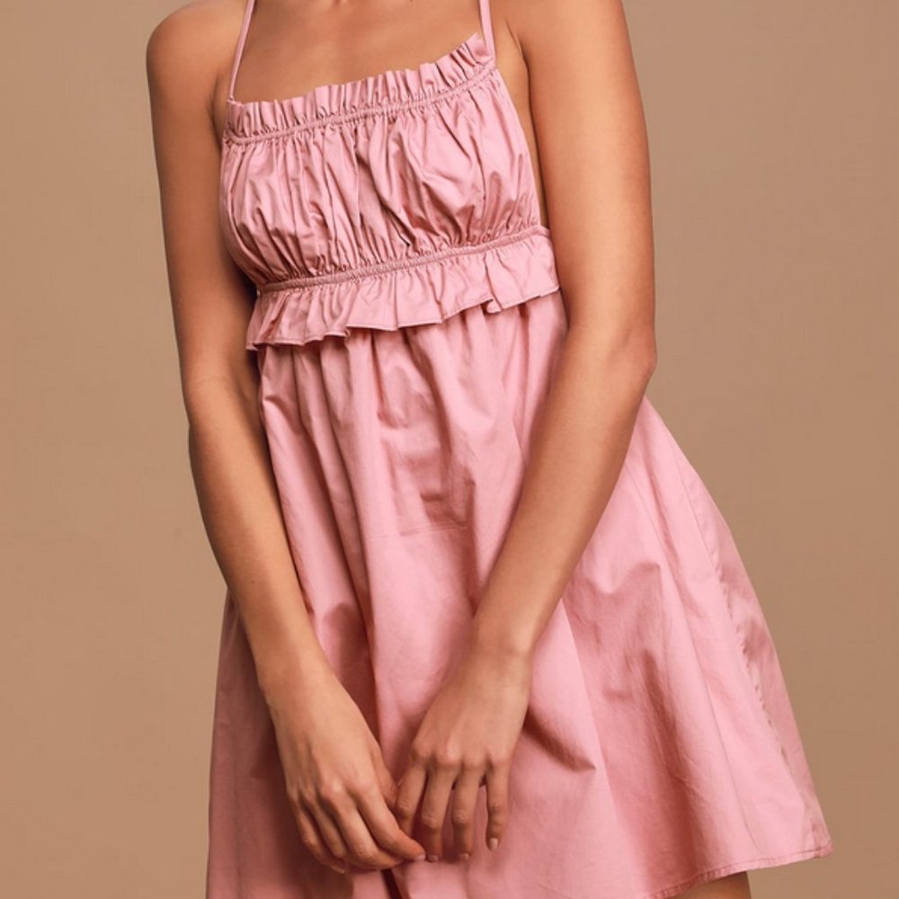 Block Party Mauve Pink Lace-Up Backless Ruffled Mini Dress